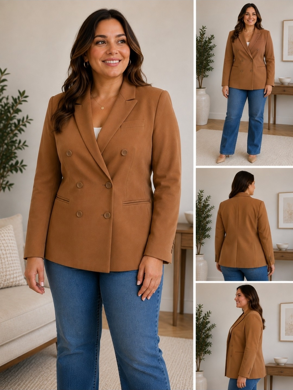 DKNY Double-Breasted Tailored Blazer Jacket - Camel